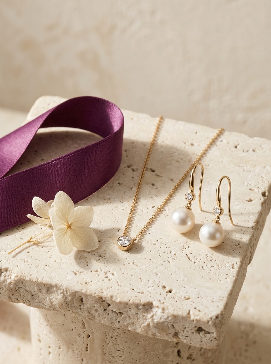 KRYSN gold pendant and pearl earrings on travertine with plum ribbon